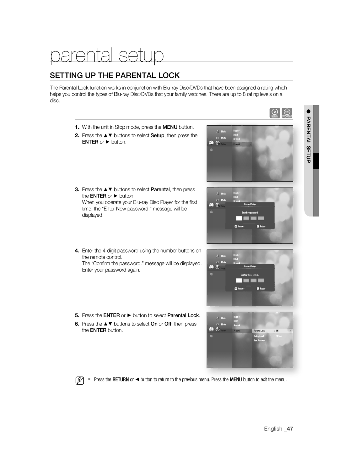 Samsung BD-1600-XAC, BD-P1590-XAC, BD-1590C-XAC user manual Parental setup, SETTing UP the ParEnTaL Lock, EnTEr button 