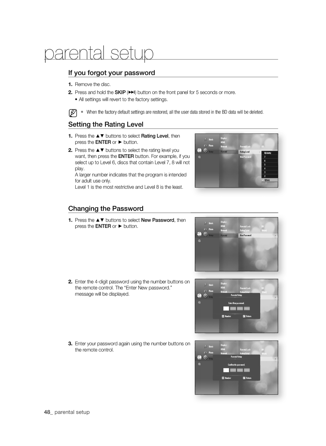 Samsung BD-P1590-XAC, BD-1590C-XAC, BD-1600-XAC If you forgot your password, Changing the Password,  parental setup 