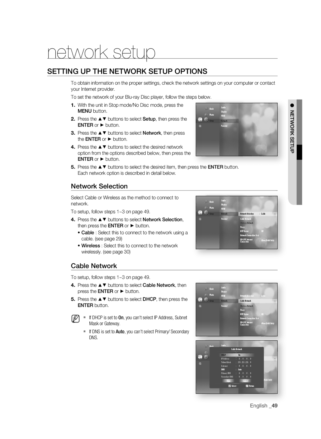 Samsung BD-1590C-XAC, BD-P1590-XAC, BD-1600-XAC Network setup, SETTing UP the nETWOrK Setup OPTiOnS, Network Selection 