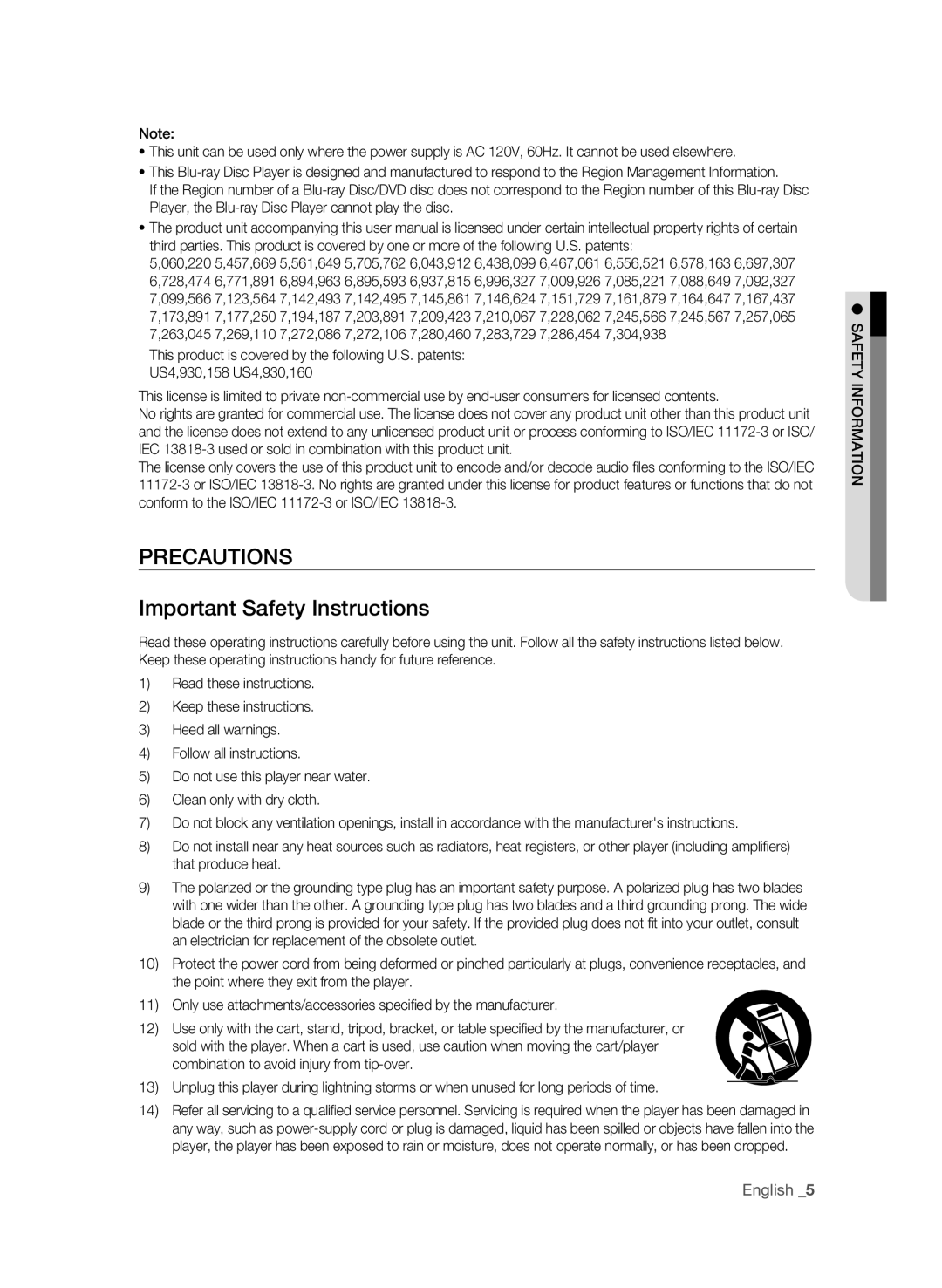 Samsung BD-1600-XAC, BD-P1590-XAC, BD-1590C-XAC Precautions Important Safety Instructions, English , Iota MR Foin Asfety 