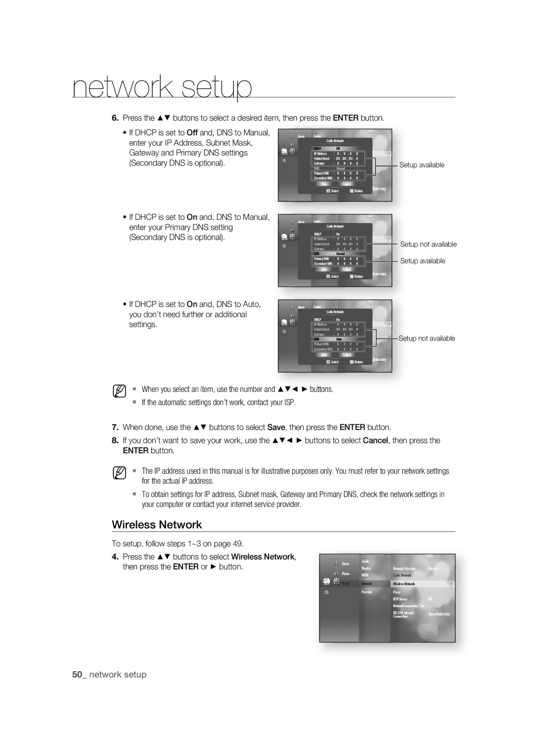 Samsung BD-1600-XAC, BD-P1590-XAC, BD-1590C-XAC 0 network setup, Enter your Primary DNS setting, Secondary DNS is optional 