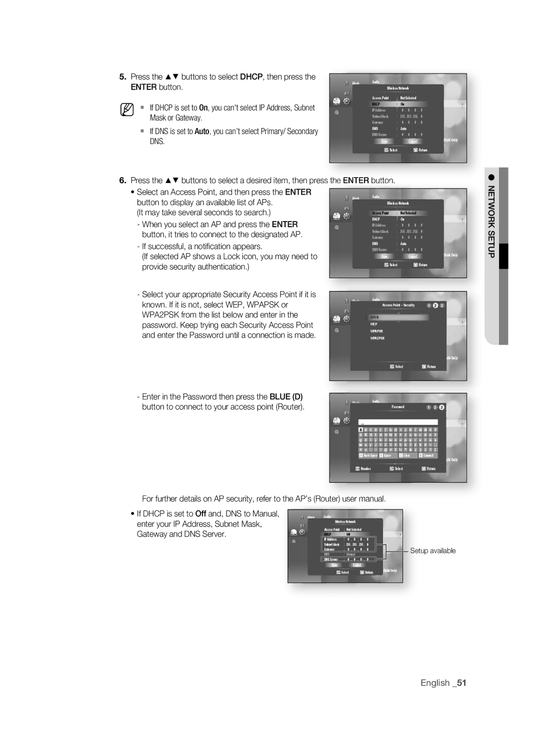 Samsung BD-P1590-XAC, BD-1590C-XAC user manual It may take several seconds to search, NETWOrK Setup, Gateway and DNS Server 