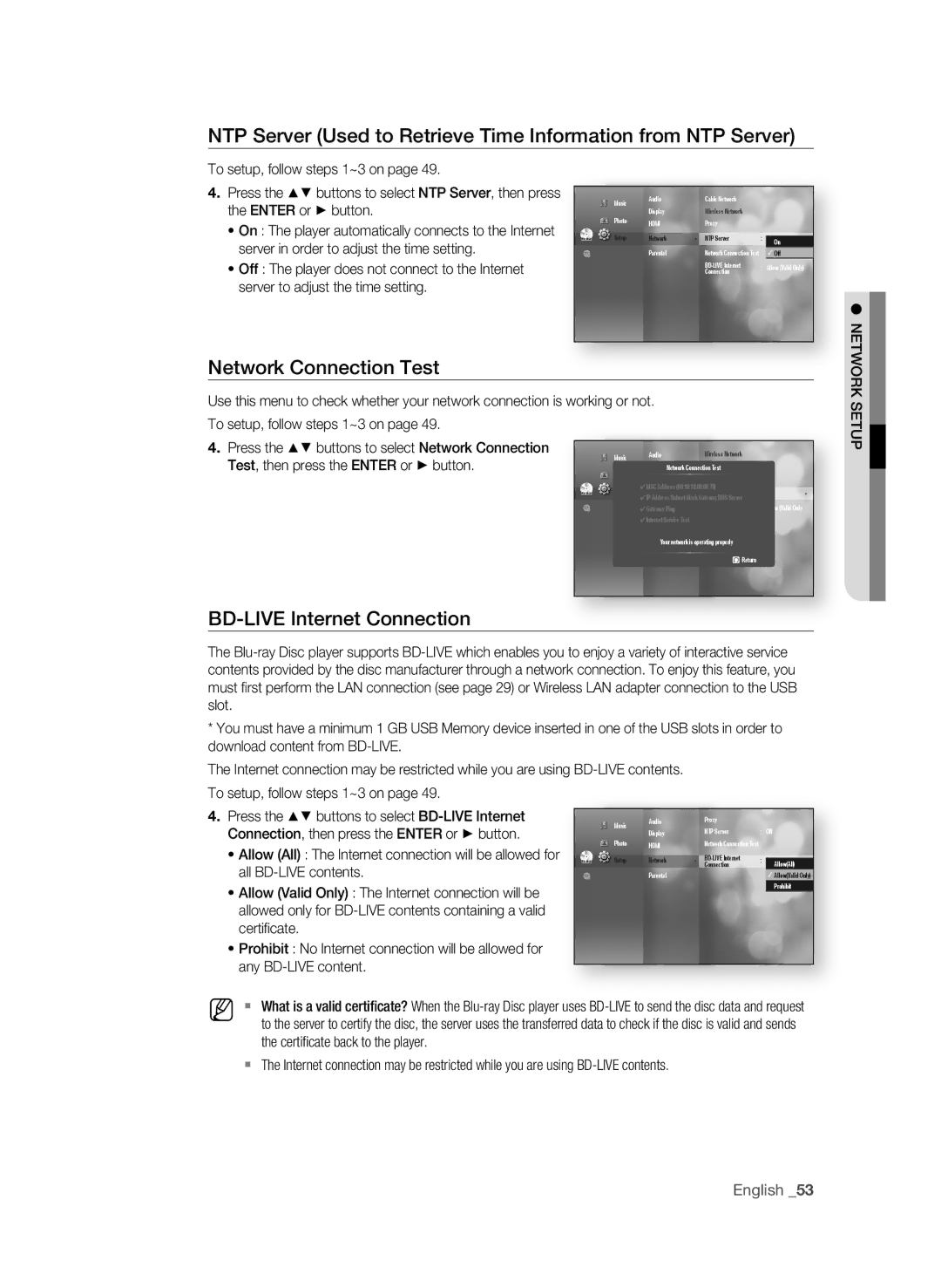 Samsung BD-1600-XAC, BD-P1590-XAC, BD-1590C-XAC user manual Network Connection Test, BD-LiVE internet Connection 