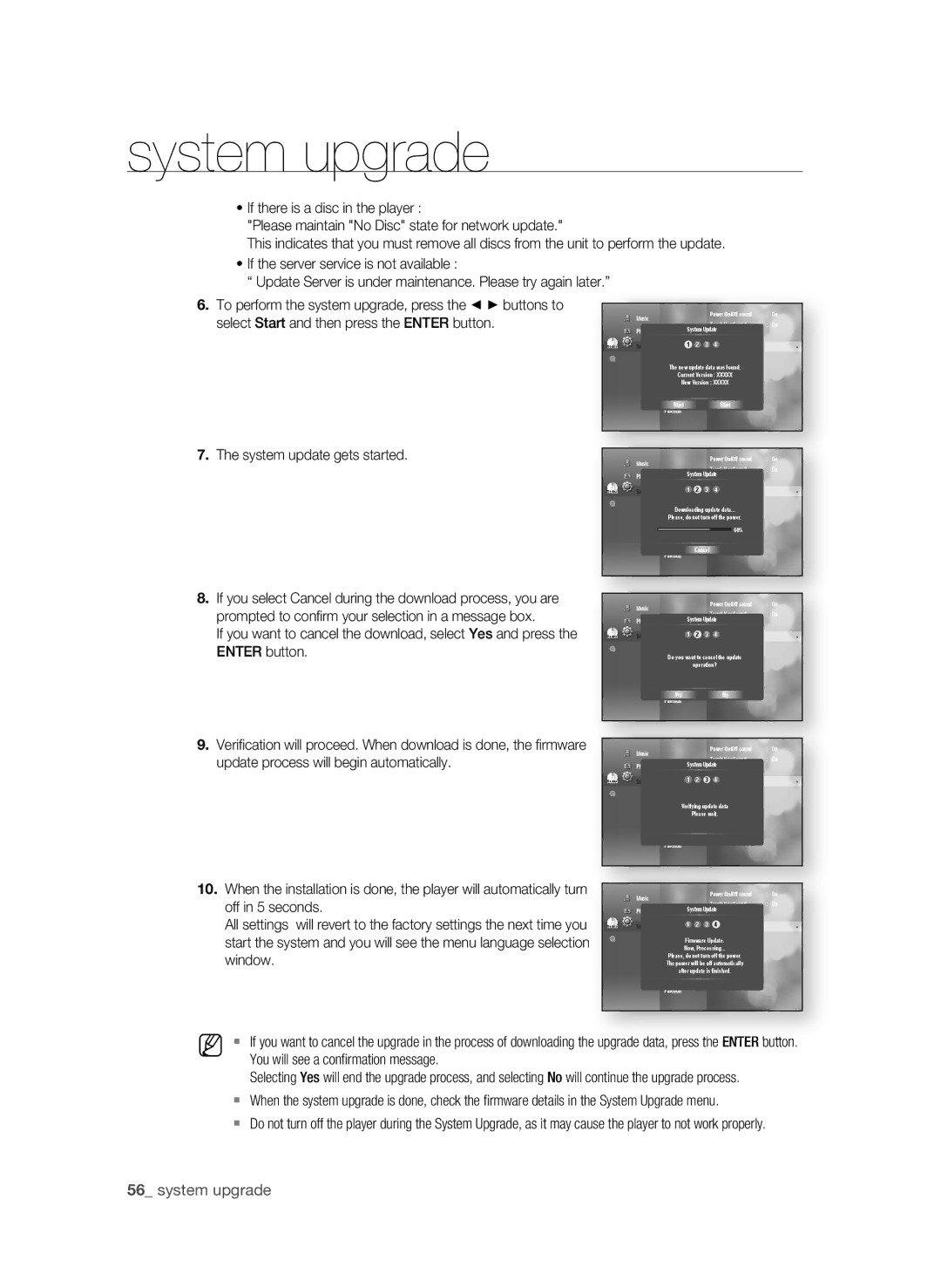 Samsung BD-1600-XAC, BD-P1590-XAC, BD-1590C-XAC user manual  system upgrade, . The system update gets started 