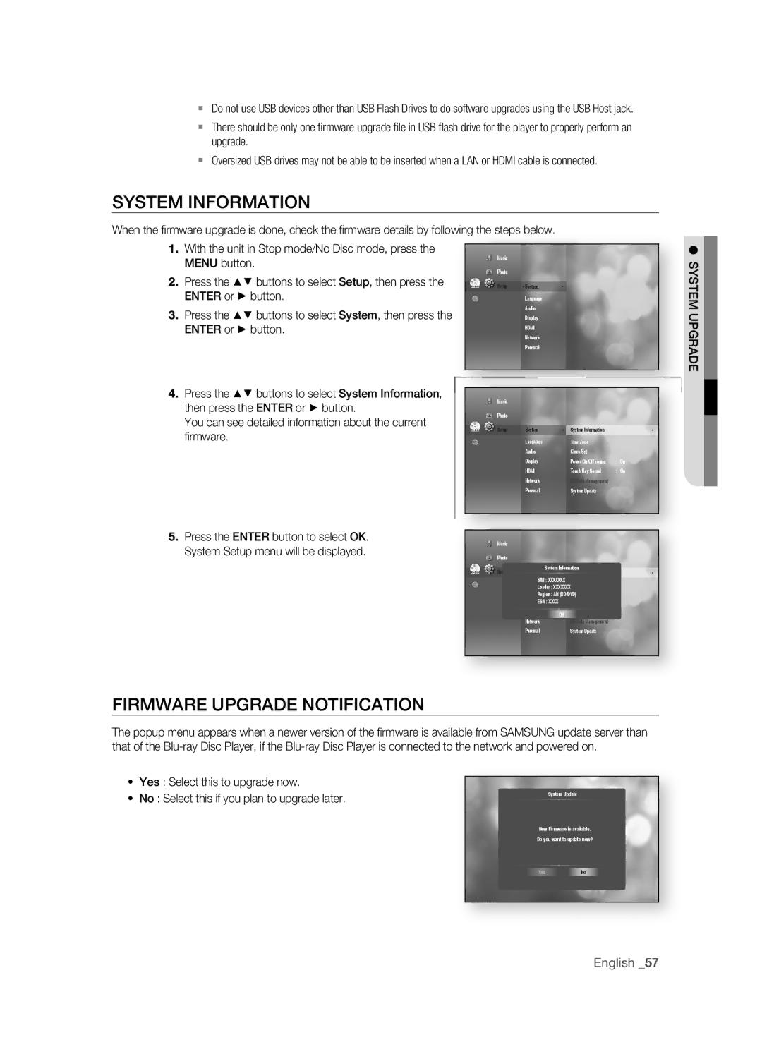 Samsung BD-P1590-XAC, BD-1590C-XAC System inFOrMaTiOn, FirMWarE UPgraDE nOTiFiCaTiOn, Yes Select this to upgrade now 