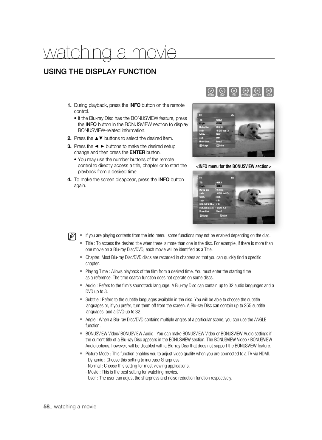 Samsung BD-1590C-XAC, BD-P1590-XAC, BD-1600-XAC user manual Watching a movie, USing the DiSPLaY FUnCTiOn,  watching a movie 