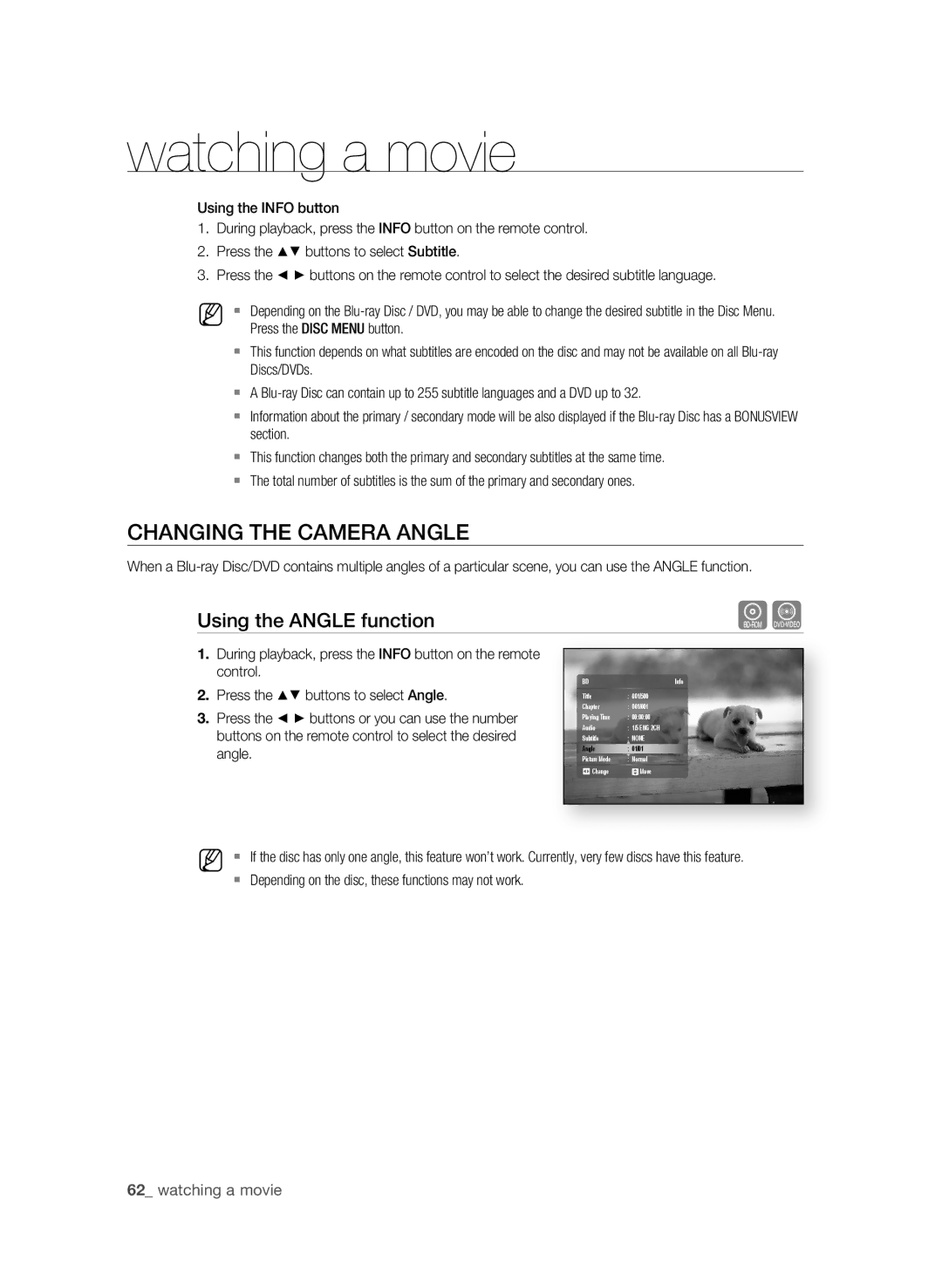 Samsung BD-1600-XAC, BD-P1590-XAC, BD-1590C-XAC CHanging the CaMEra angLE, Using the angLE function, 2 watching a movie 