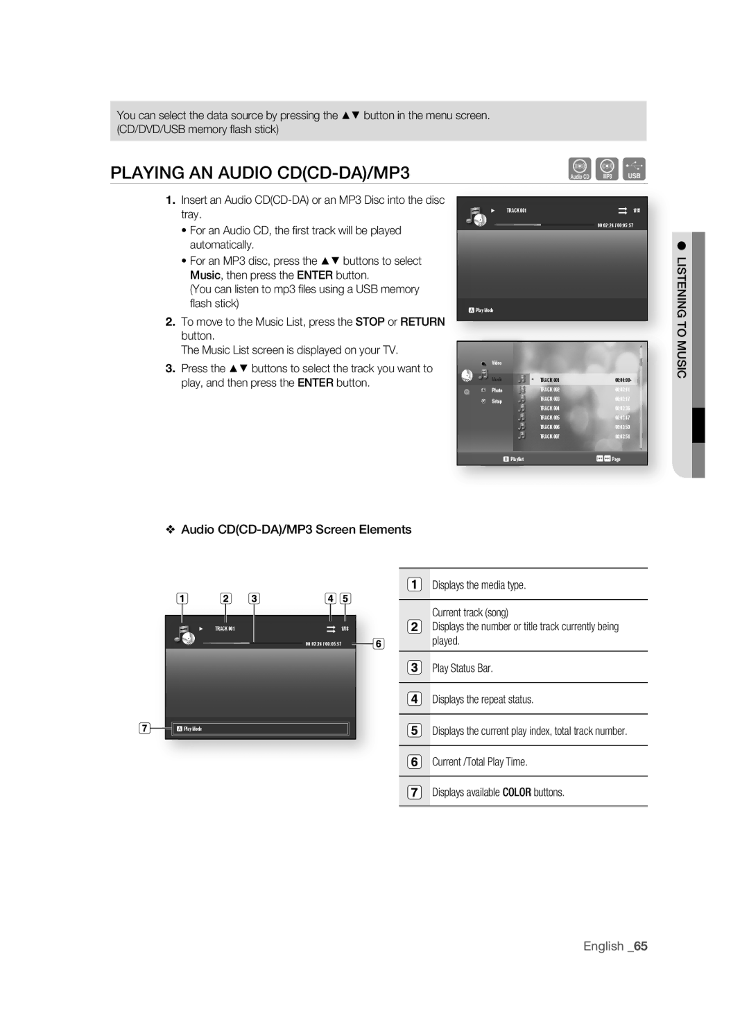 Samsung BD-1600-XAC, BD-P1590-XAC, BD-1590C-XAC user manual PLaYing an aUDiO CDCD-Da/MP3, LiSTEning to MUSiC 