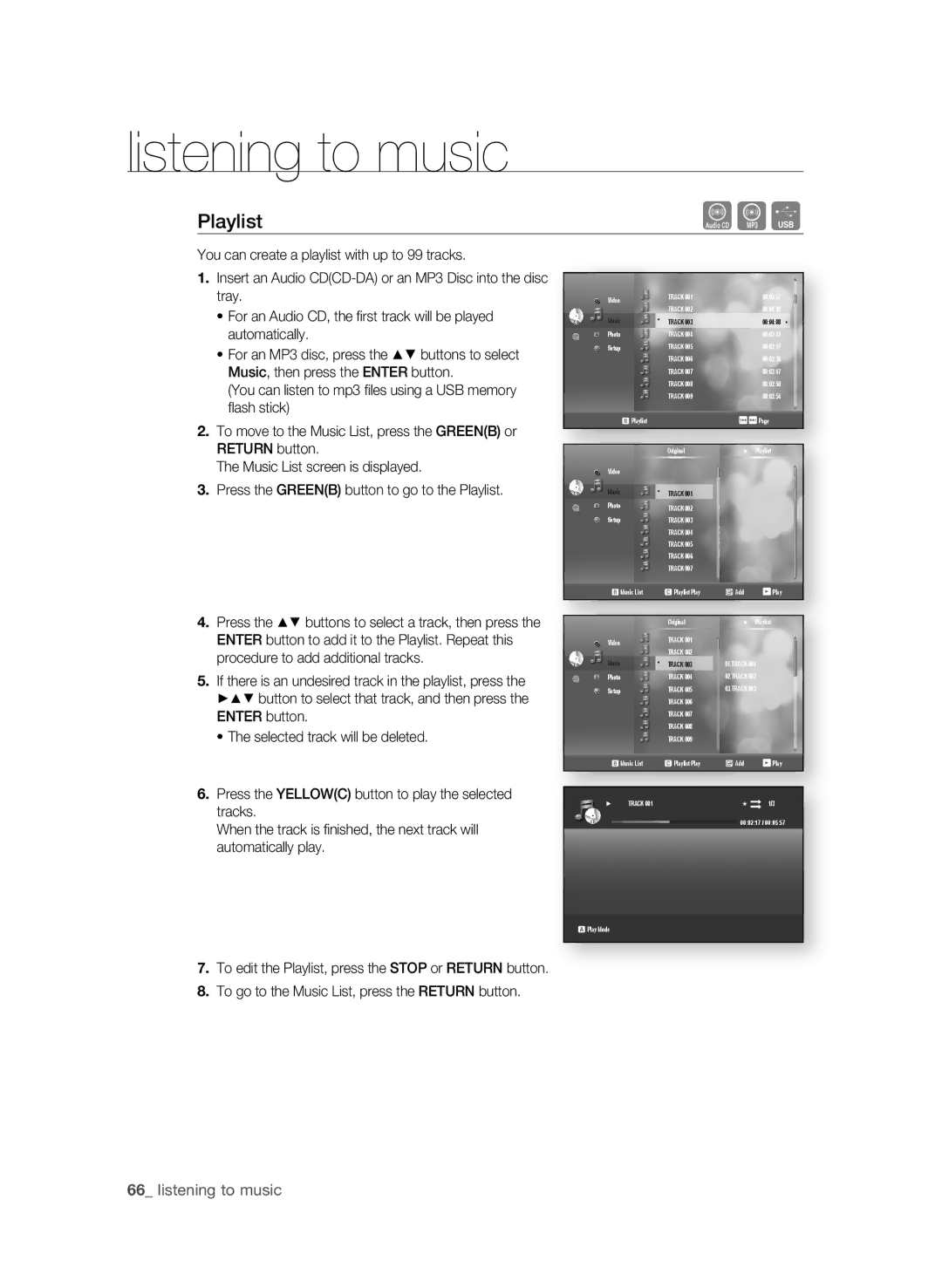 Samsung BD-P1590-XAC, BD-1590C-XAC, BD-1600-XAC user manual Playlist,  listening to music 