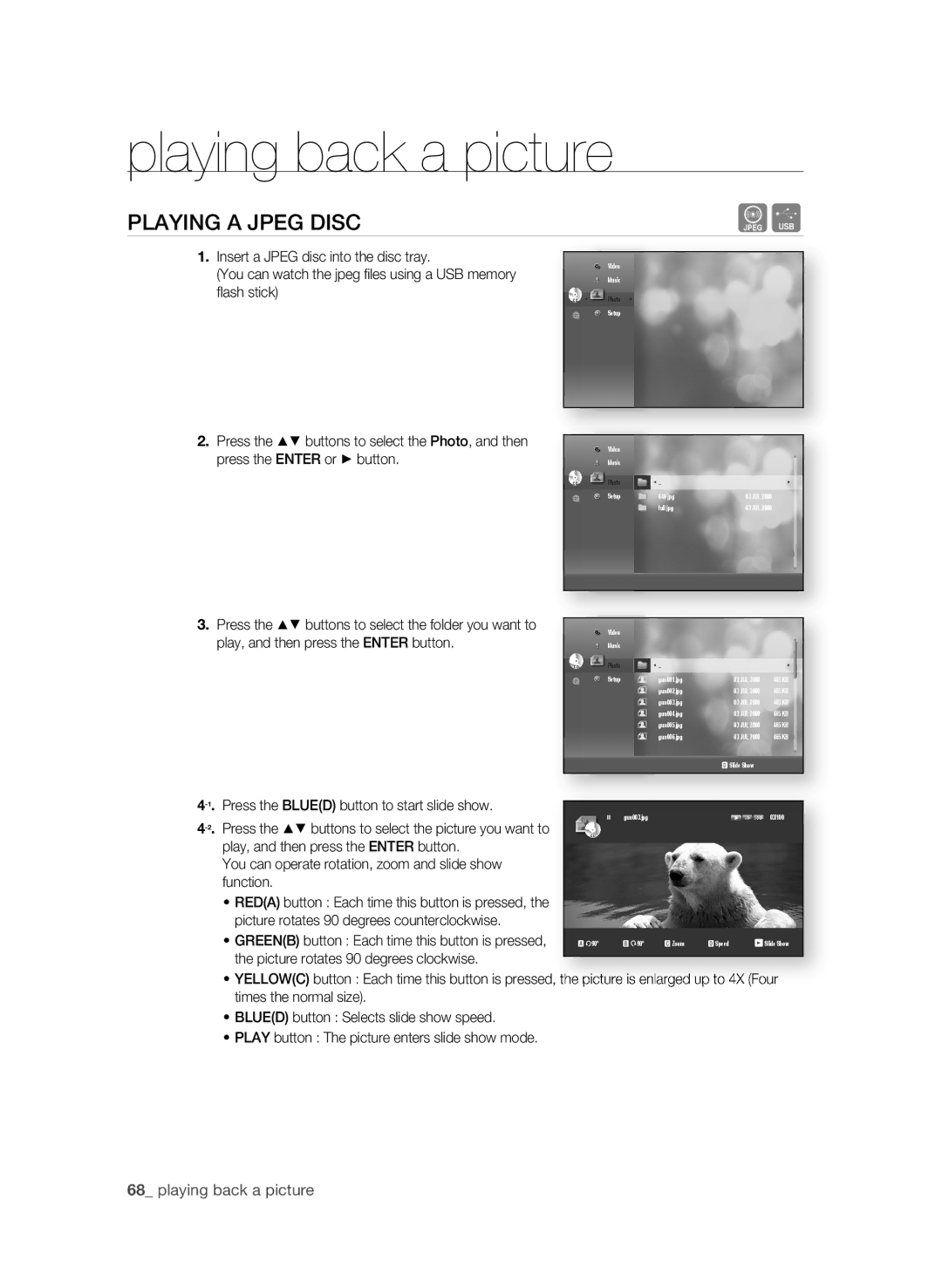 Samsung BD-1600-XAC, BD-P1590-XAC, BD-1590C-XAC Playing back a picture, PLaYing a JPEg DiSC,  playing back a picture 