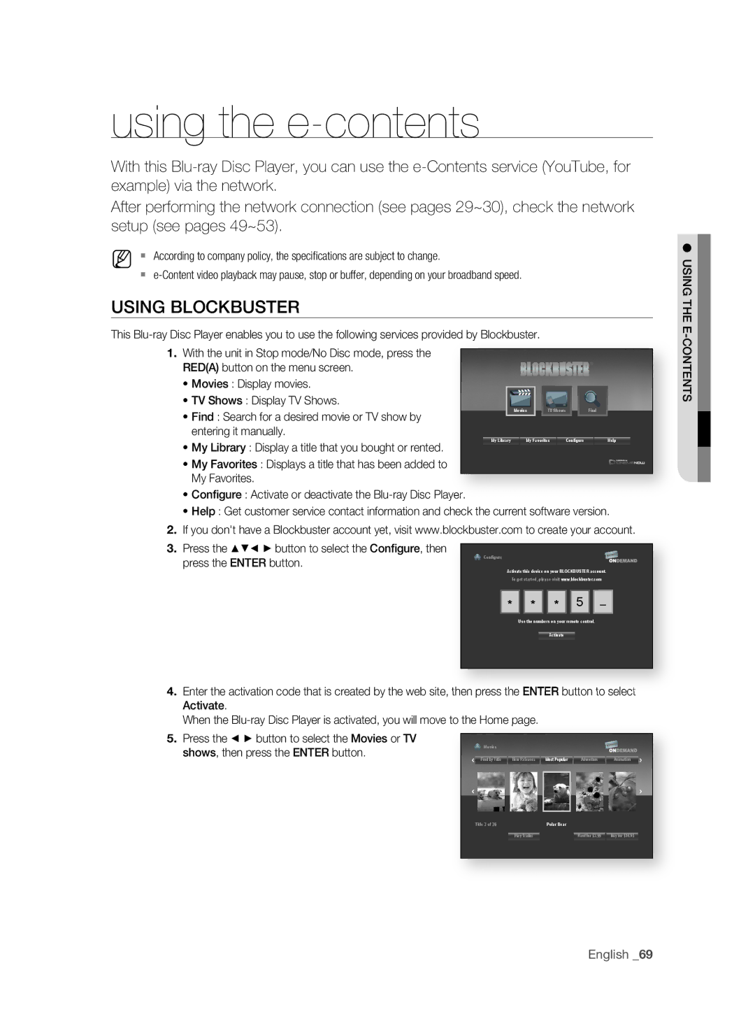 Samsung BD-P1590-XAC, BD-1590C-XAC, BD-1600-XAC user manual Using the e-contents 