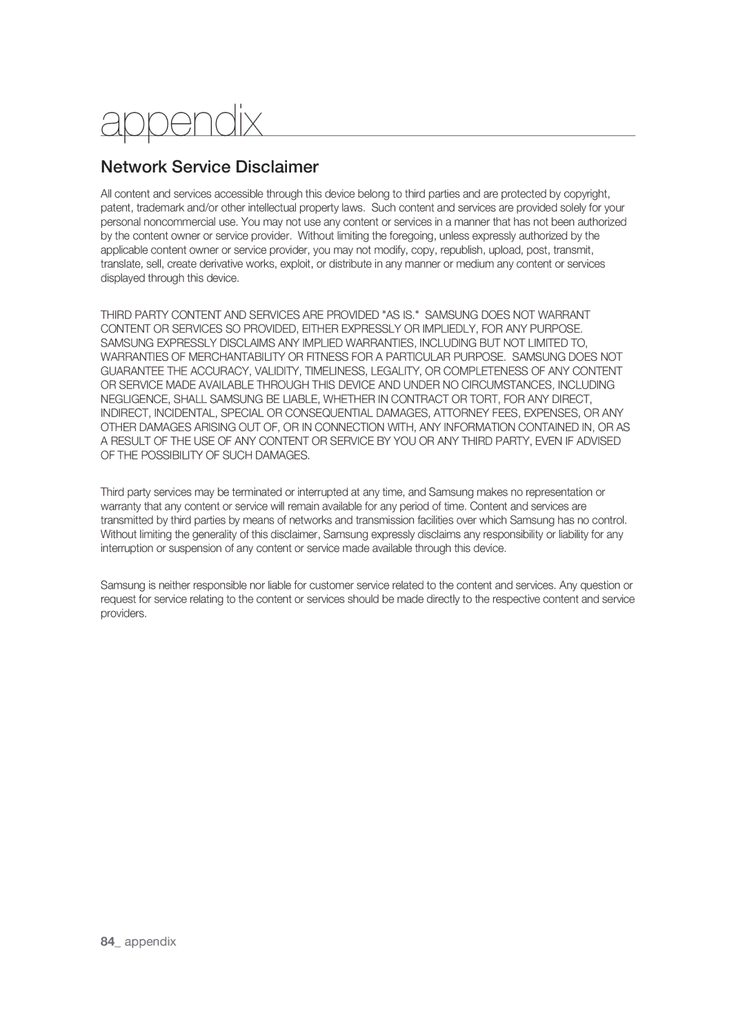 Samsung BD-P1590-XAC, BD-1590C-XAC, BD-1600-XAC user manual Network Service Disclaimer 