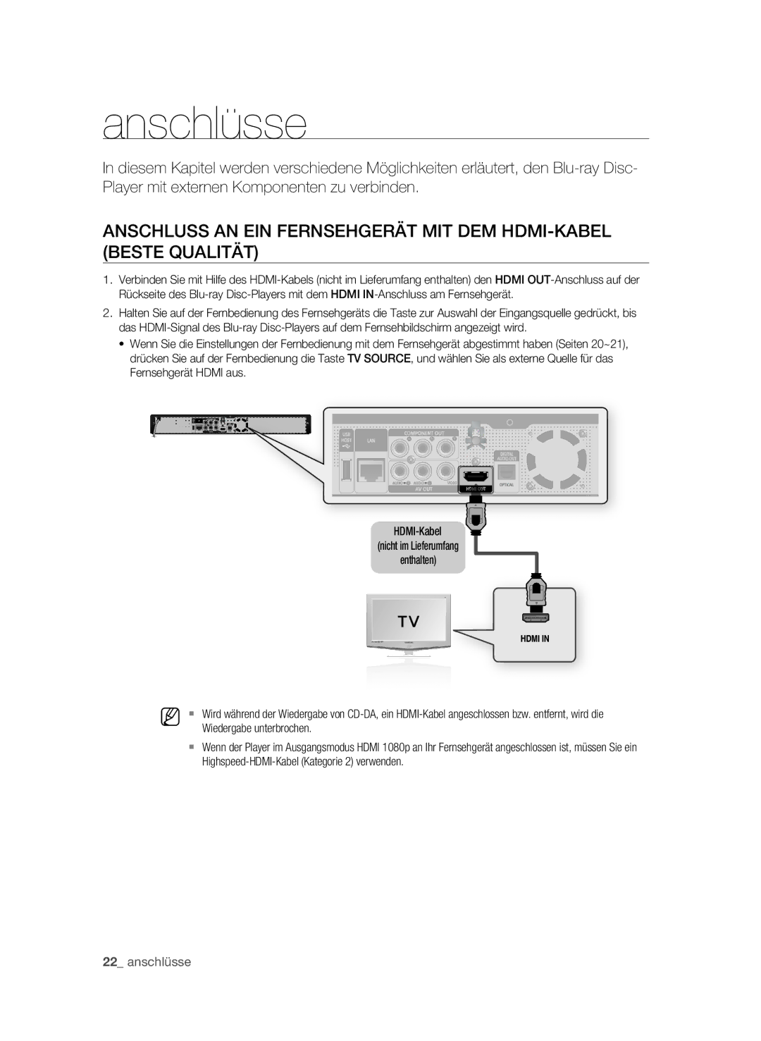 Samsung BD-P1595A/XEG, BD-P1595/XEG manual Anschlüsse, Wiedergabe unterbrochen, Highspeed-HDMI-Kabel Kategorie 2 verwenden 