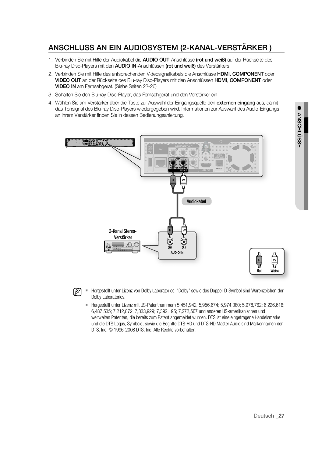 Samsung BD-P1595/XEG manual AnScHLUSS An EIn AUDIOSyStEM 2-kAnAL-VERStäRkER, Audiokabel Kanal Stereo Verstärker, Rot Weiss 