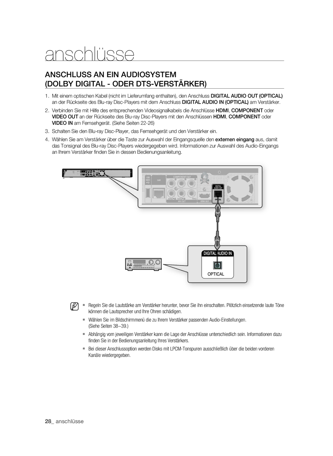 Samsung BD-P1595A/XEG manual Können die Lautsprecher und Ihre Ohren schädigen, Siehe Seiten 38~39, Kanäle wiedergegeben 