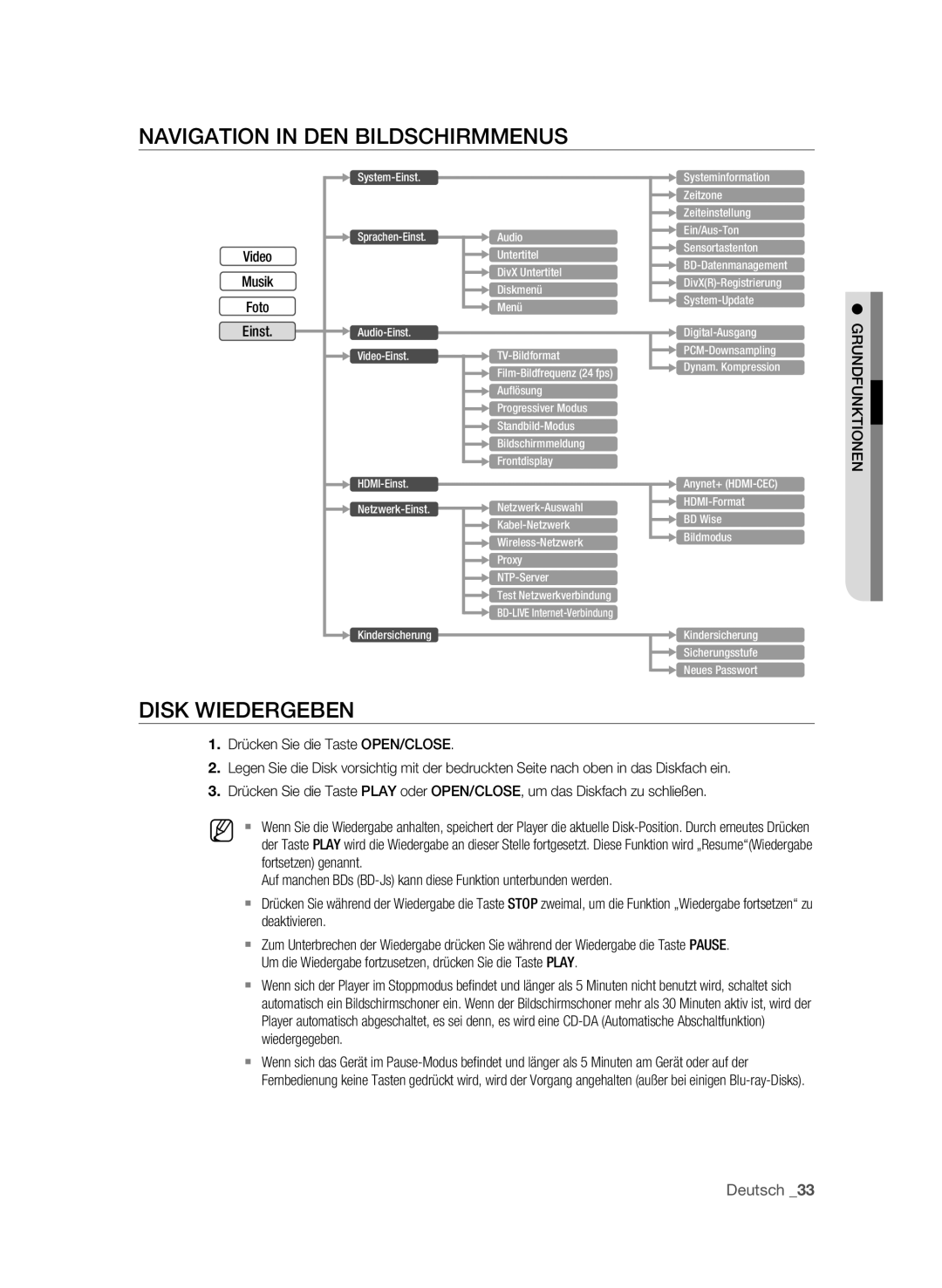 Samsung BD-P1595/XEG, BD-P1595A/XEG manual Navigation in den Bildschirmmenus, Disk wiedergeben 