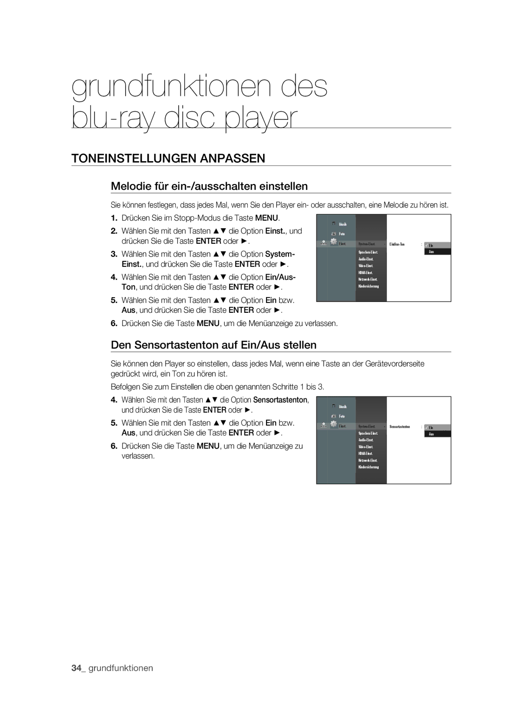 Samsung BD-P1595A/XEG, BD-P1595/XEG manual TOnEInStELLUngEn AnPASSEn, Melodie für ein-/ausschalten einstellen 