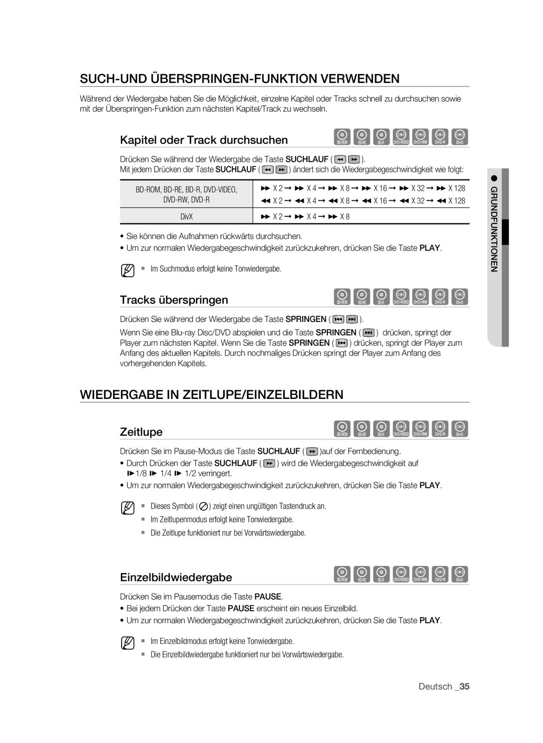 Samsung BD-P1595/XEG, BD-P1595A/XEG manual Such-und Überspringen-Funktion verwenden, Wiedergabe in Zeitlupe/Einzelbildern 