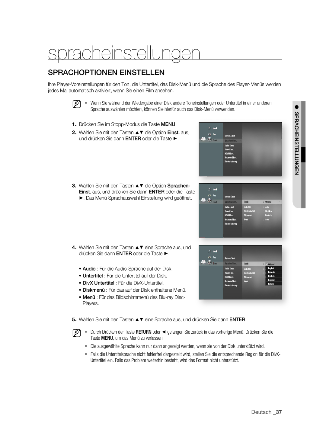 Samsung BD-P1595/XEG, BD-P1595A/XEG manual Spracheinstellungen, SPRAcHOPtIOnEn EInStELLEn 