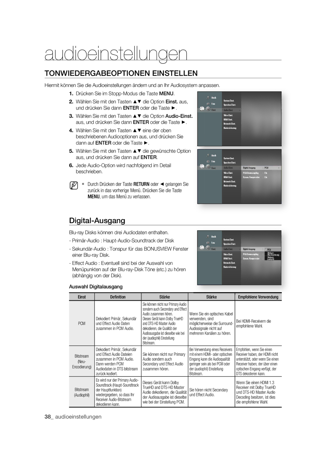 Samsung BD-P1595A/XEG, BD-P1595/XEG manual Audioeinstellungen, TOnWIEDERgABEOPtIOnEn EInStELLEn, Digital-Ausgang 