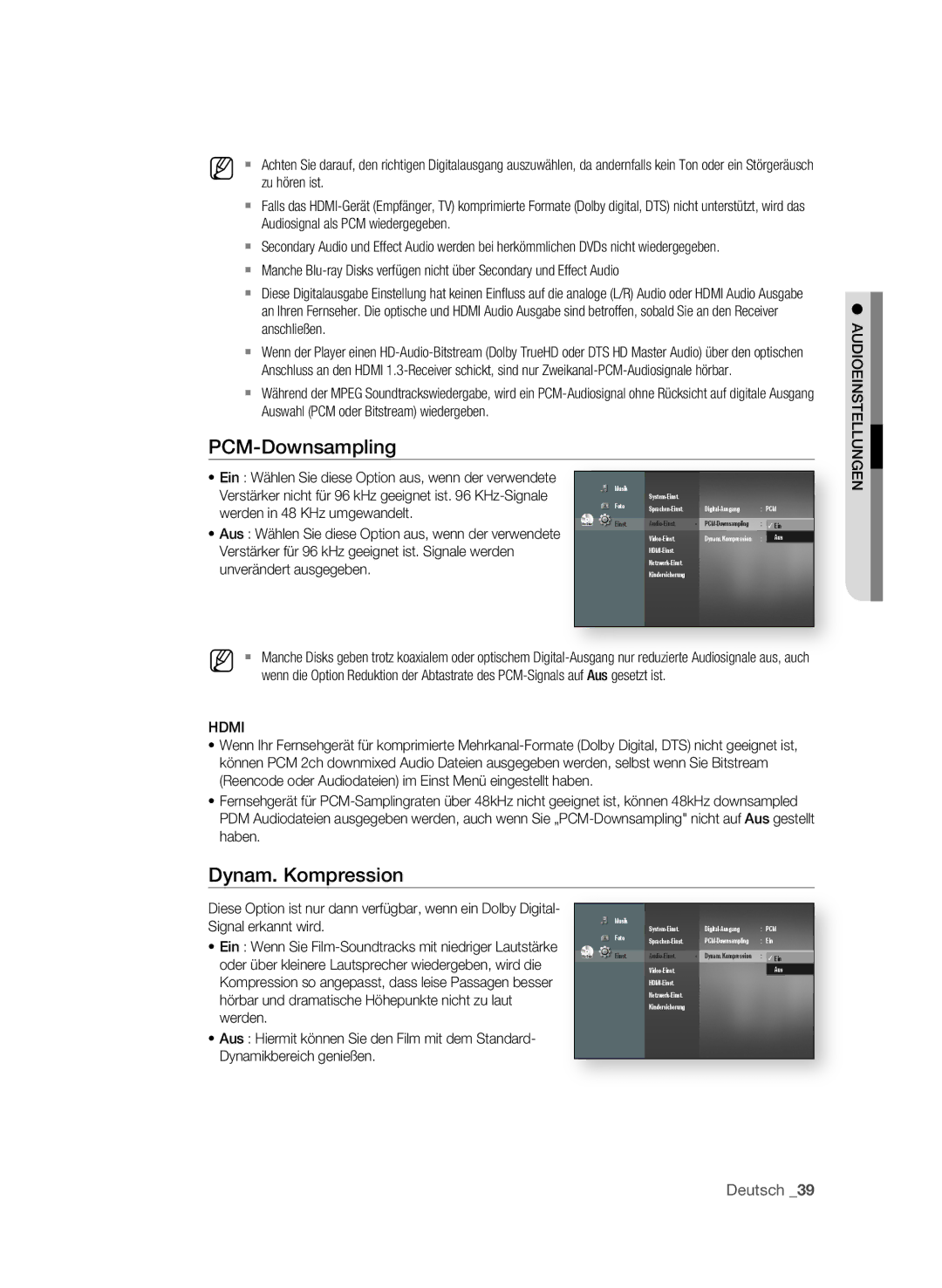 Samsung BD-P1595/XEG, BD-P1595A/XEG manual PcM-Downsampling, Dynam. kompression 