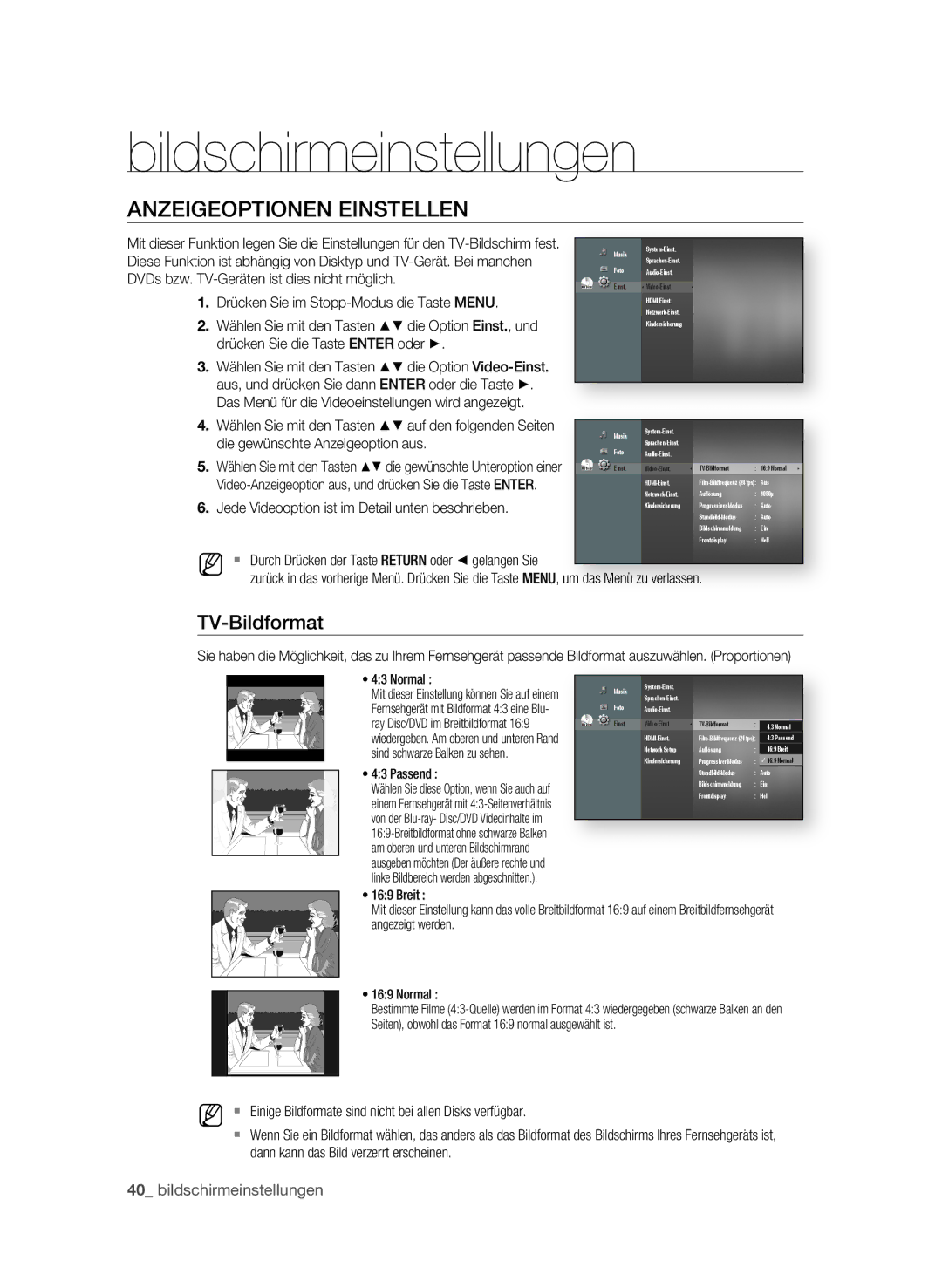 Samsung BD-P1595A/XEG, BD-P1595/XEG manual Bildschirmeinstellungen, AnzEIgEOPtIOnEn EInStELLEn, TV-Bildformat 