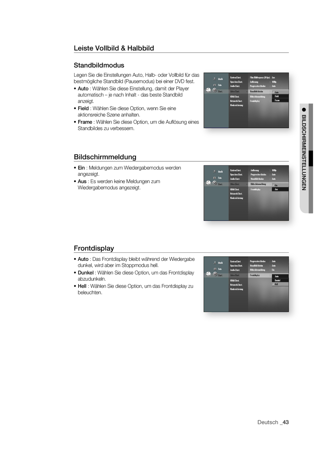 Samsung BD-P1595/XEG, BD-P1595A/XEG manual Leiste Vollbild & Halbbild Standbildmodus, Bildschirmmeldung, Frontdisplay 