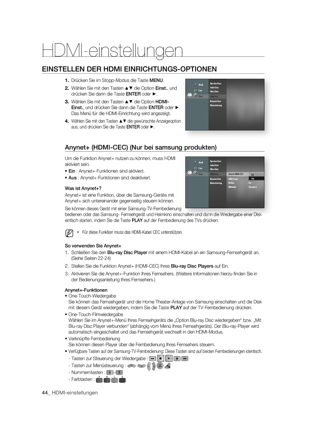 Samsung BD-P1595A/XEG, BD-P1595/XEG manual HDMI-einstellungen, EInStELLEn DER Hdmi EInRIcHtUngS-OPtIOnEn 