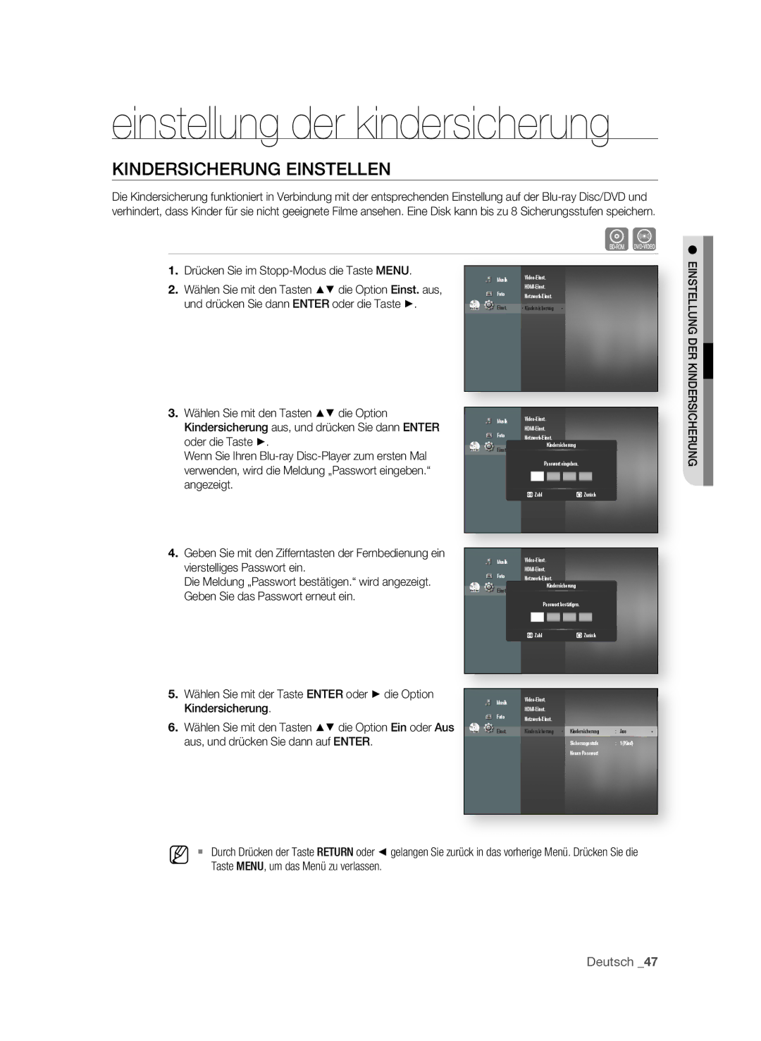 Samsung BD-P1595/XEG, BD-P1595A/XEG manual KInDERSIcHERUng EInStELLEn, EInStELLUng DER 