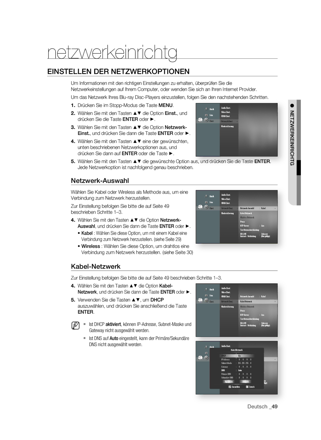 Samsung BD-P1595/XEG, BD-P1595A/XEG Netzwerkeinrichtg, EInStELLEn DER nEtzWERkOPtIOnEn, Netzwerk-Auswahl, Kabel-netzwerk 