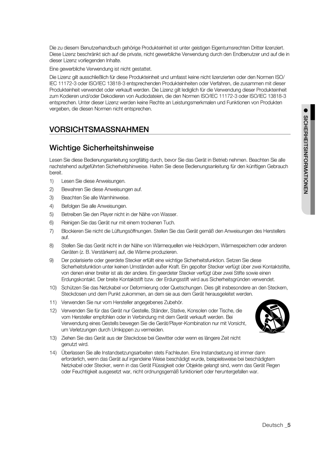 Samsung BD-P1595/XEG, BD-P1595A/XEG manual Vorsichtsmassnahmen Wichtige Sicherheitshinweise, Nen iot n sitforma herheic S 