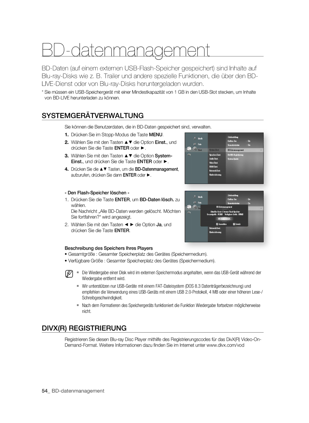 Samsung BD-P1595A/XEG, BD-P1595/XEG manual BD-datenmanagement, SyStEMgERätVERWALtUng, Divxr REgIStRIERUng 