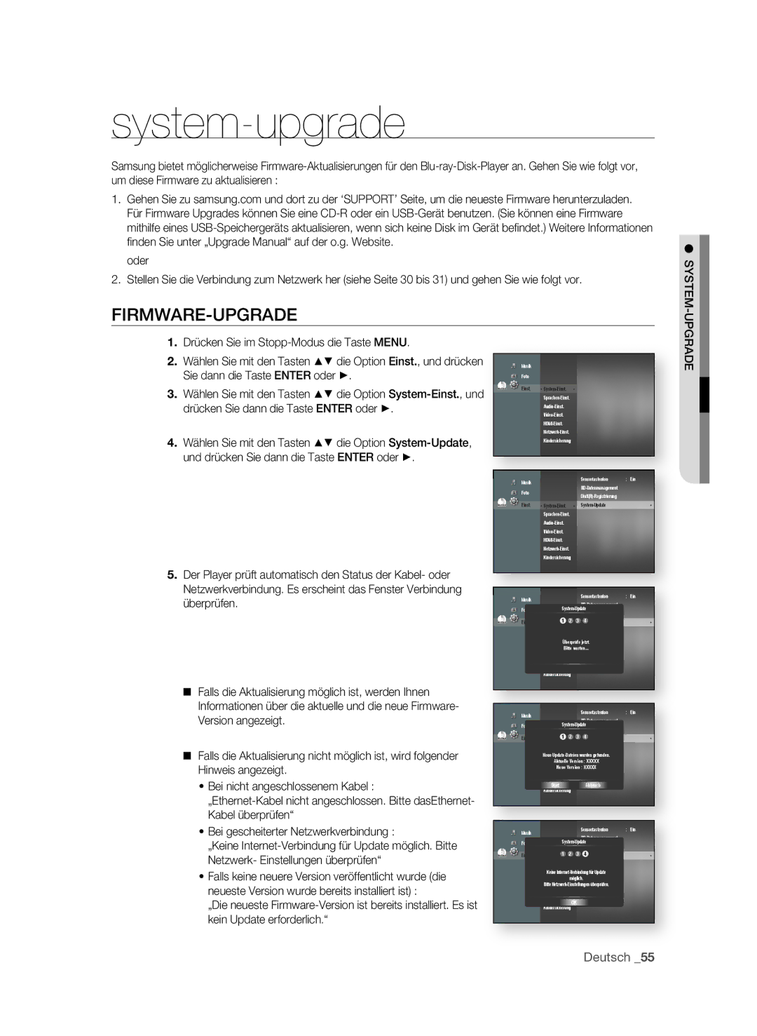 Samsung BD-P1595/XEG manual System-upgrade, FIRMWARE-UPgRADE, Version angezeigt, Netzwerk- Einstellungen überprüfen 