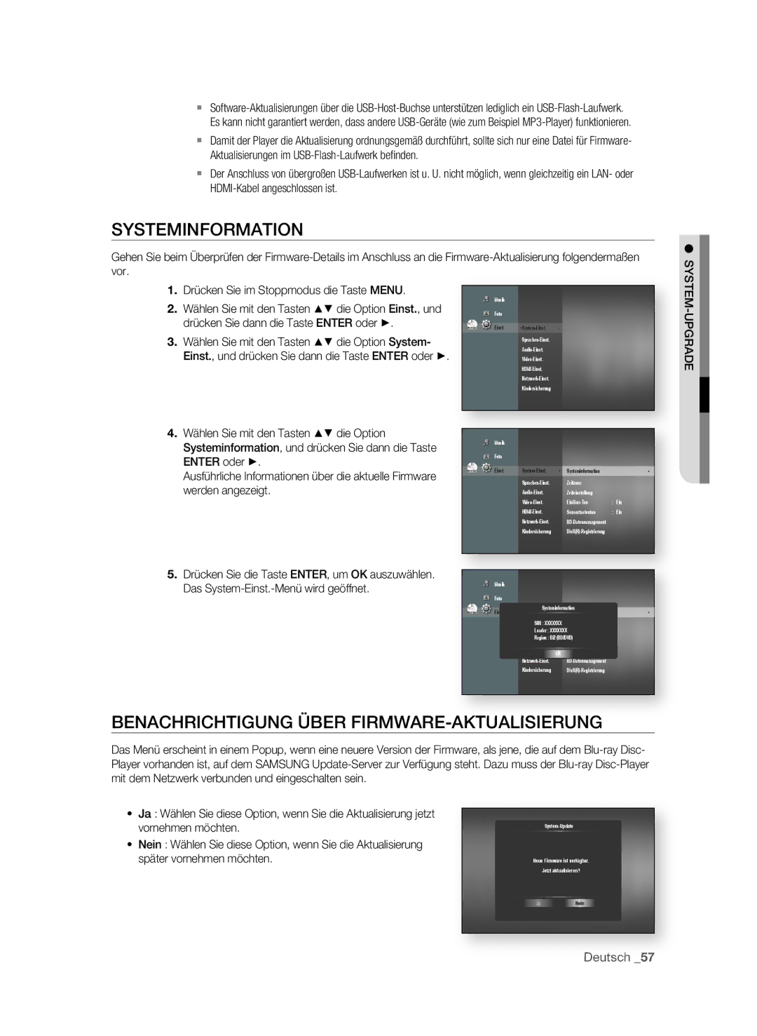 Samsung BD-P1595/XEG manual SyStEMInFORMAtIOn, BEnAcHRIcHtIgUng üBER Firmware, Vornehmen möchten, Später vornehmen möchten 