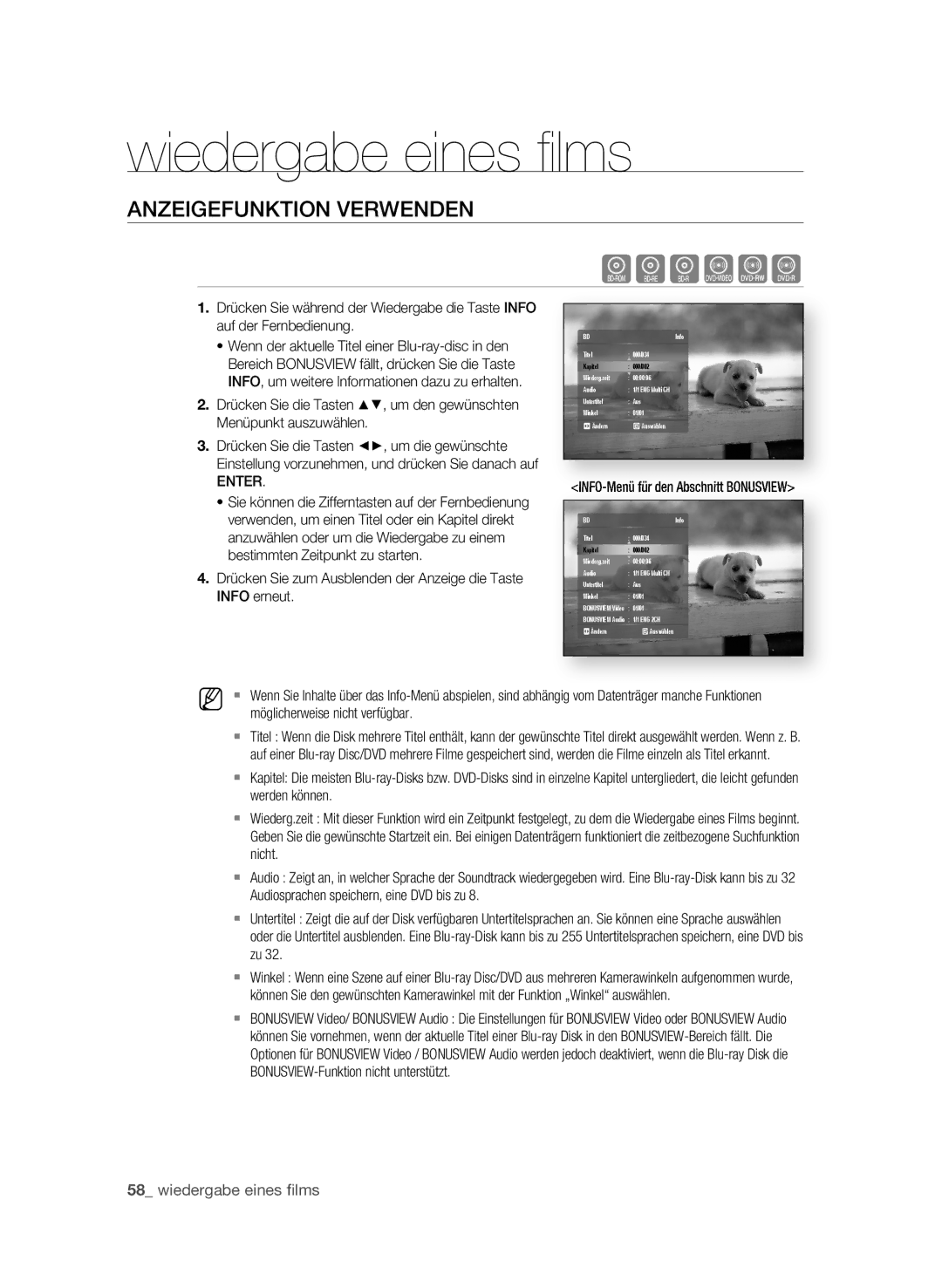 Samsung BD-P1595A/XEG, BD-P1595/XEG manual Wiedergabe eines ﬁ lms, AnzEIgEFUnktIOn VERWEnDEn 