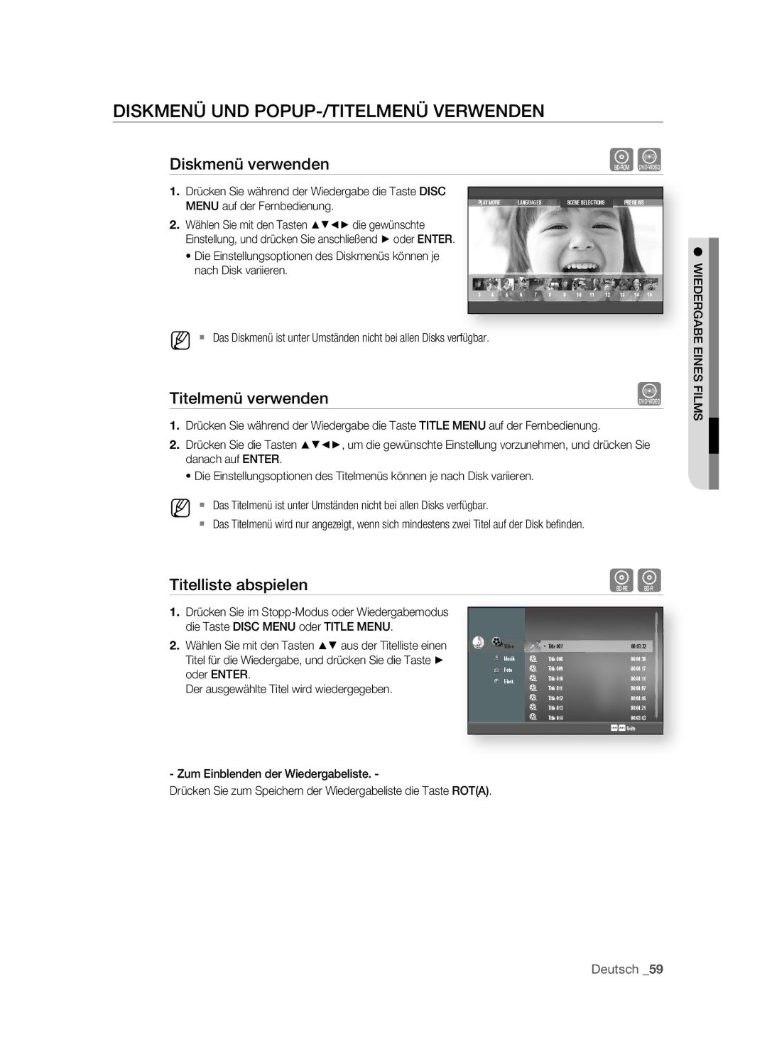 Samsung BD-P1595/XEG, BD-P1595A/XEG manual DISkMEnü UnD POPUP-/tItELMEnü VERWEnDEn, Diskmenü verwenden, Titelmenü verwenden 