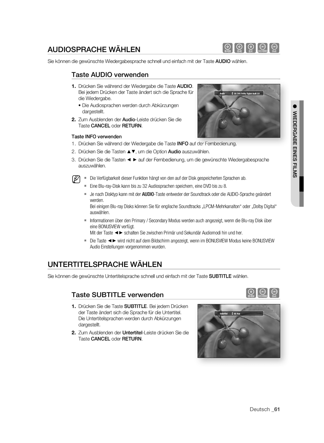 Samsung BD-P1595/XEG manual AUDIOSPRAcHE WäHLEn, UntERtItELSPRAcHE WäHLEn, Taste Audio verwenden, Taste SUBtItLE verwenden 