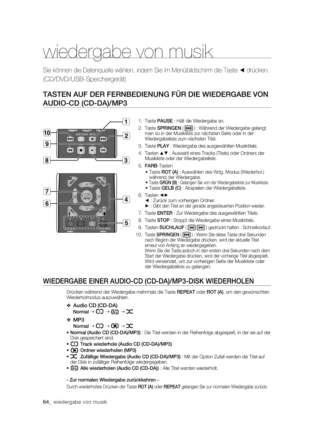 Samsung BD-P1595A/XEG, BD-P1595/XEG manual Wiedergabe von musik, Wiedergabe einer Audio-CD CD-DA/MP3-disk wiederholen 