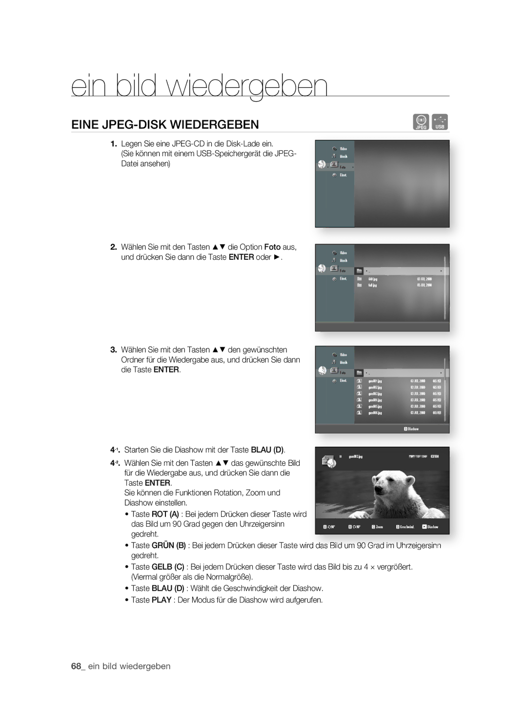 Samsung BD-P1595A/XEG Ein bild wiedergeben, EInE JPEg-DISk WIEDERgEBEn, -1.Starten Sie die Diashow mit der Taste Blau D 