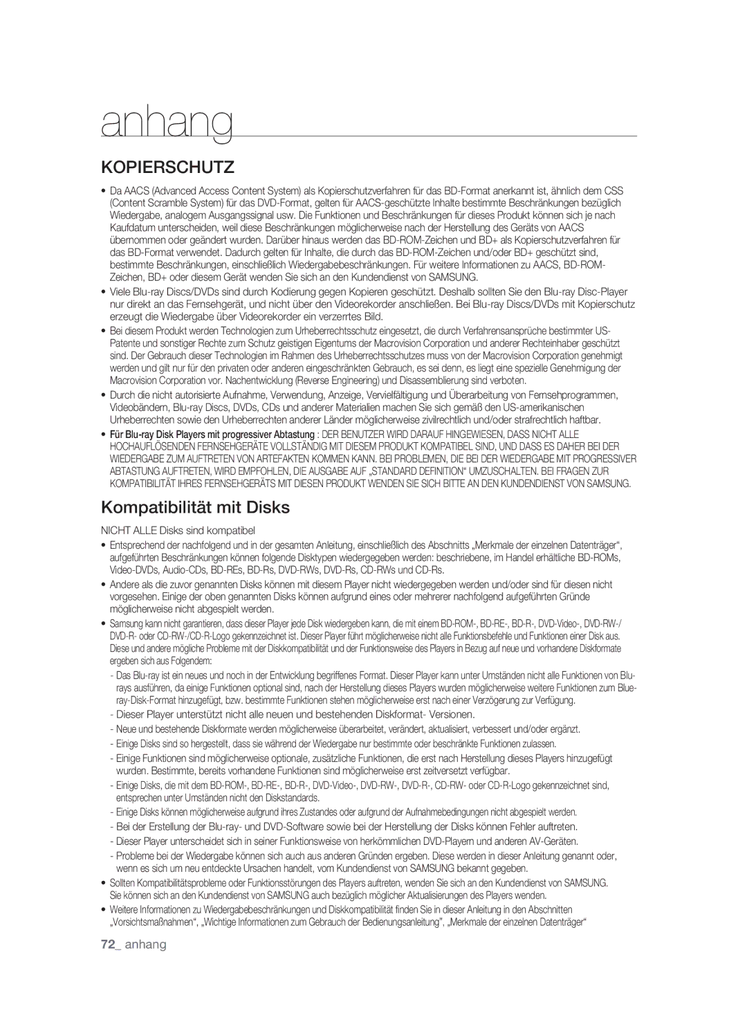 Samsung BD-P1595A/XEG, BD-P1595/XEG manual Kompatibilität mit Disks, Nicht Alle Disks sind kompatibel 