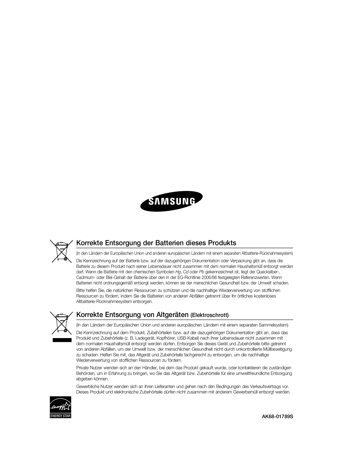 Samsung BD-P1595/XEG Korrekte Entsorgung der Batterien dieses Produkts, Korrekte Entsorgung von Altgeräten Elektroschrott 