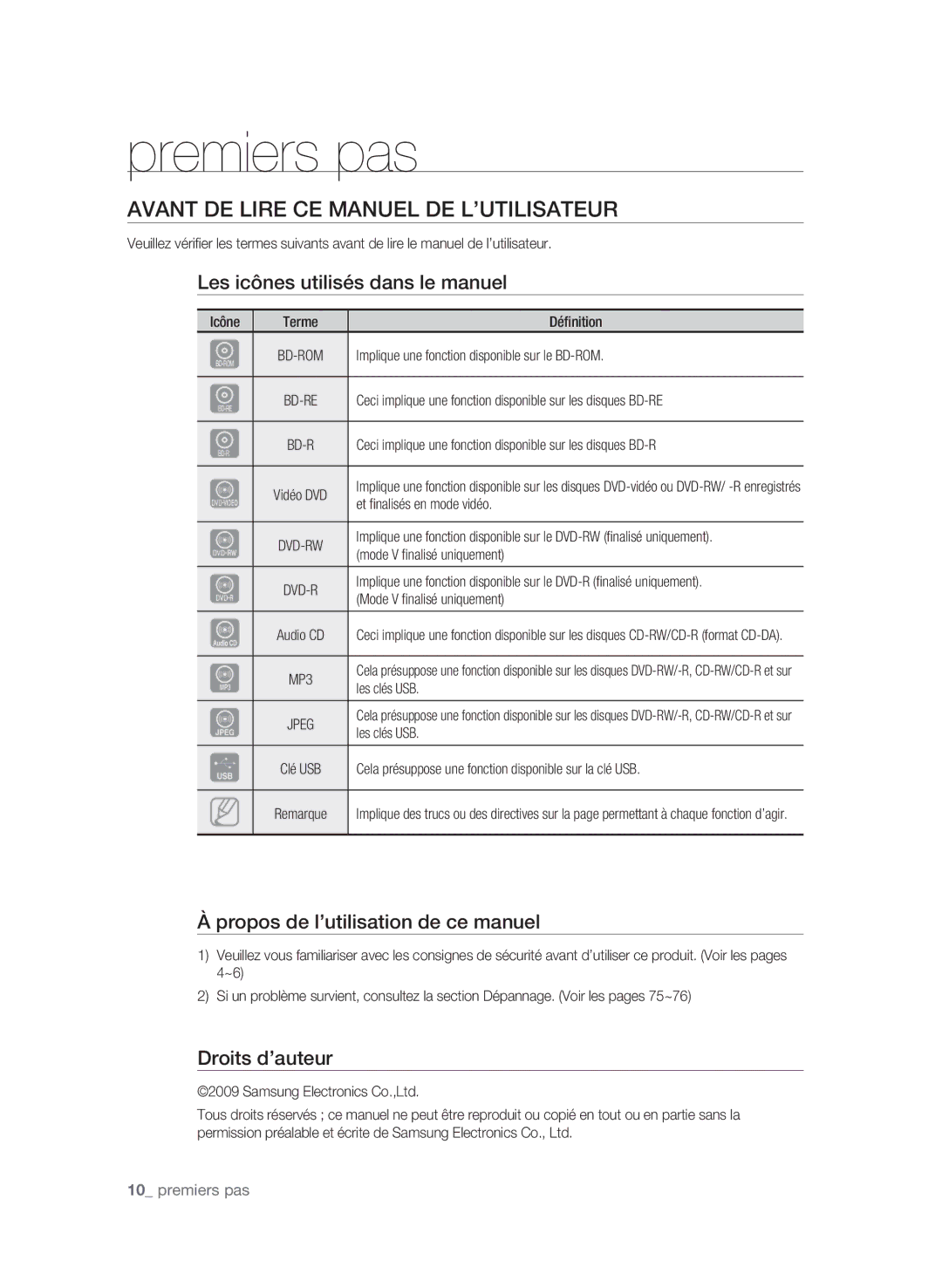 Samsung BD-P1600, BD-P1590 Premiers pas, Avant de lire ce manuel de l’utilisateur, Les icônes utilisés dans le manuel 