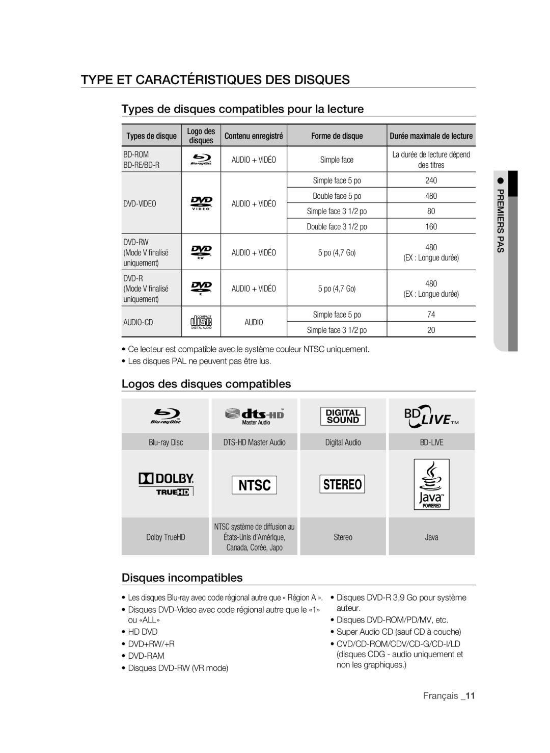 Samsung BD-P1590 Type et caractéristiques des disques, Types de disques compatibles pour la lecture, Disques incompatibles 