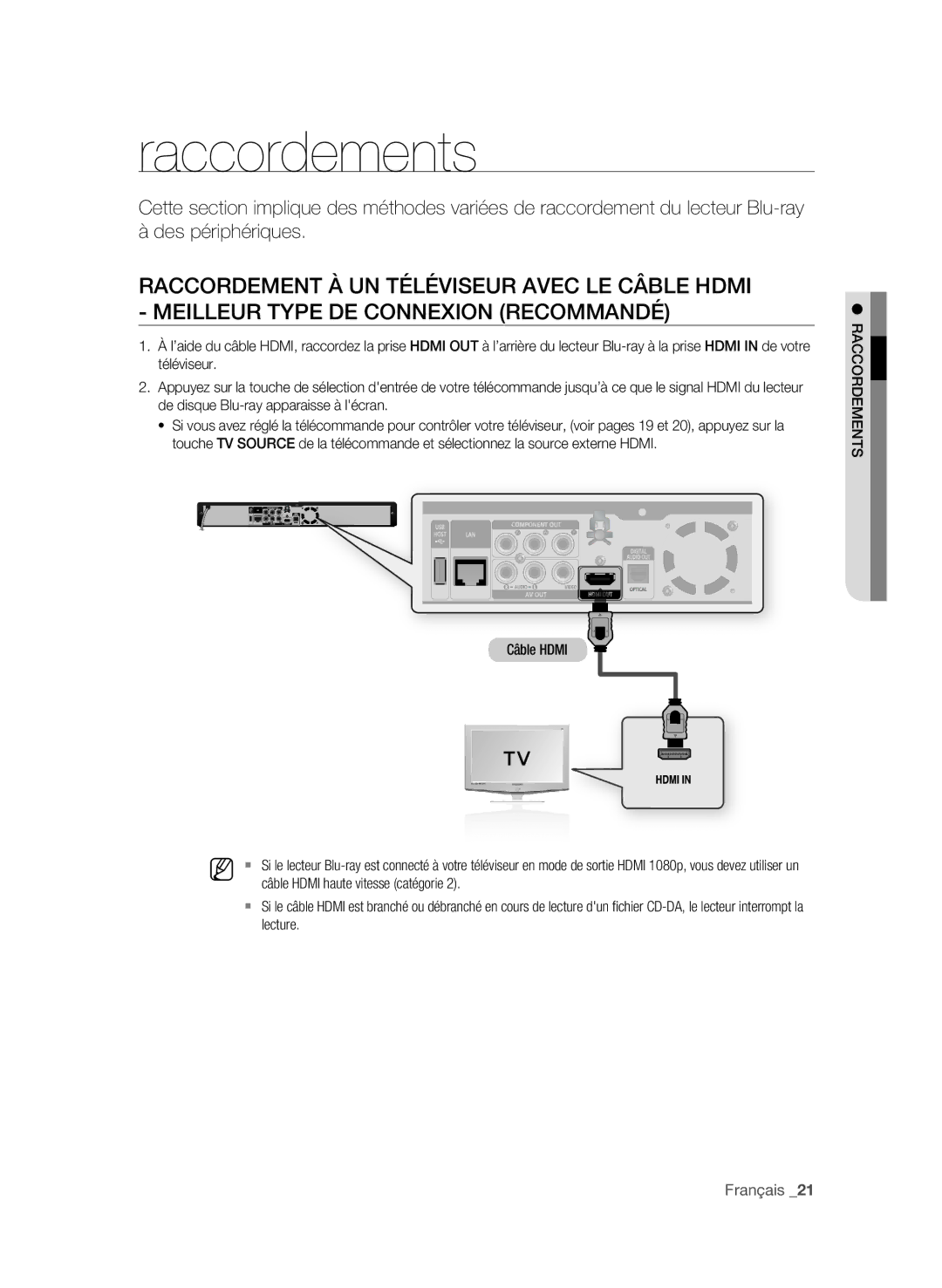 Samsung BD-P1590C Raccordements, Raccordement à un téléviseur avec le câble Hdmi, Câble Hdmi Drements racco, Lecture 