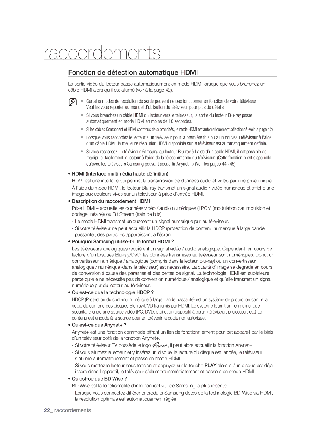 Samsung BD-P1600, BD-P1590 Fonction de détection automatique Hdmi, Raccordements, Quest-ce que la technologie Hdcp ? 