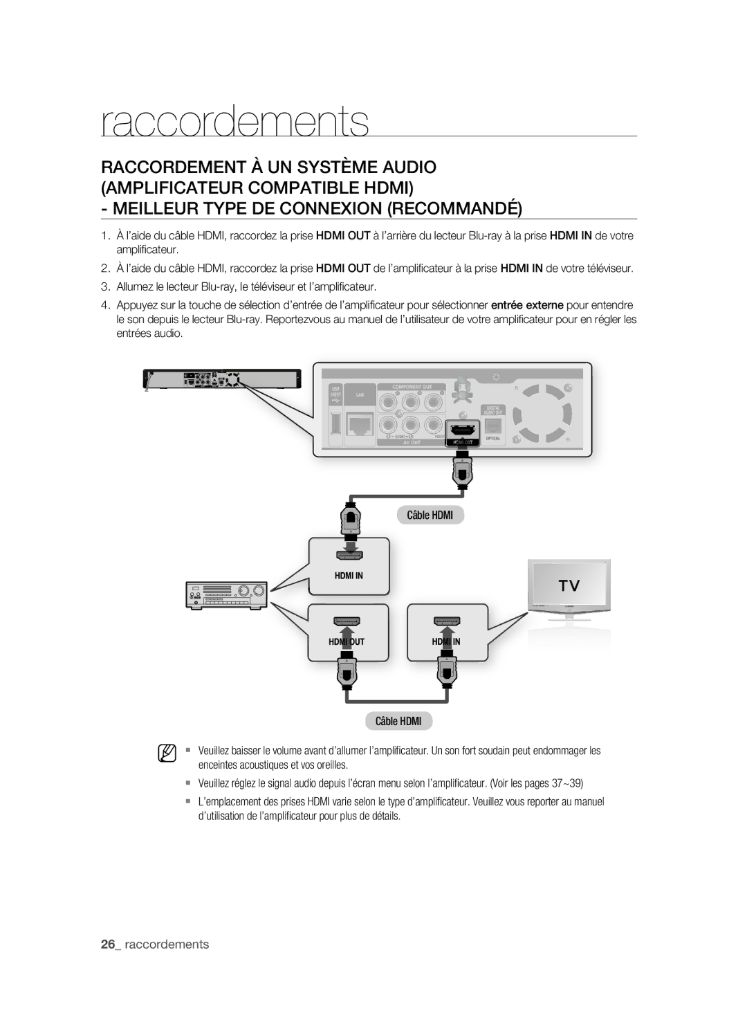 Samsung BD-P1600, BD-P1590C user manual Raccordements, Enceintes acoustiques et vos oreilles 