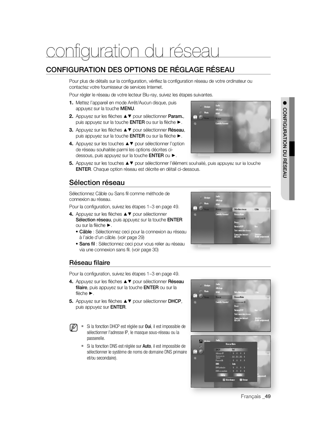 Samsung BD-P1600, BD-P1590 Conﬁ guration du réseau, COnFigUrAtiOn Des OPtiOns De rÉgLAge rÉseAU, Sélection réseau 