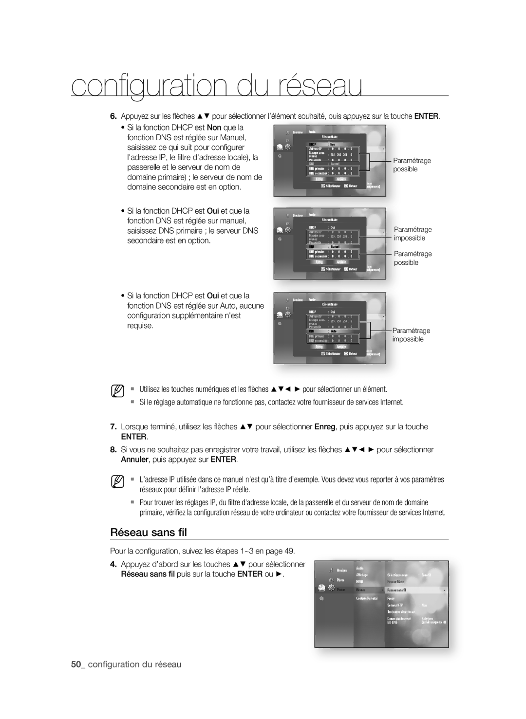 Samsung BD-P1600, BD-P1590C user manual 0 confi guration du réseau, Possible 