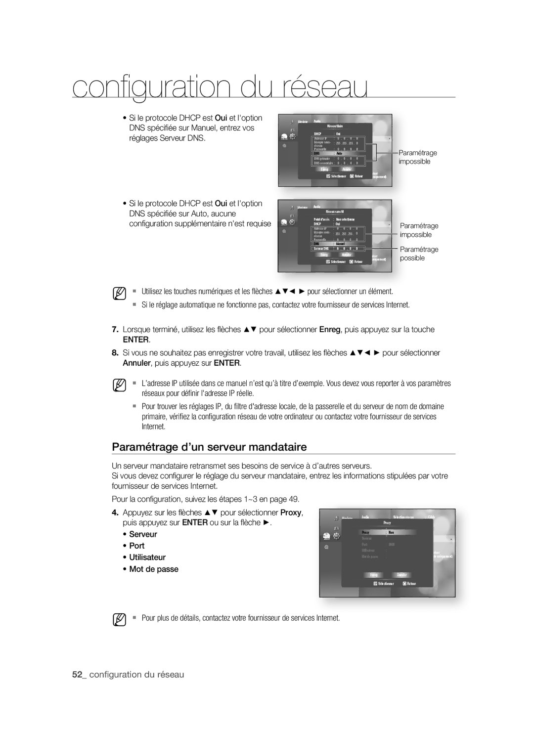 Samsung BD-P1600, BD-P1590C user manual Paramétrage d’un serveur mandataire, 2 confi guration du réseau 