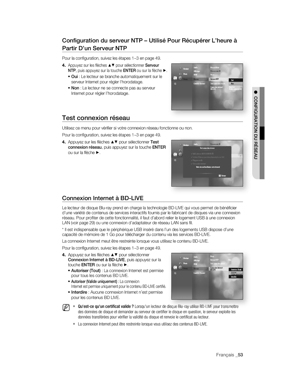 Samsung BD-P1600, BD-P1590C user manual Test connexion réseau, Connexion internet à bD-Live 